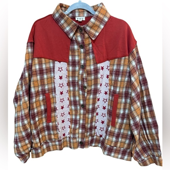 POL Tops - POL "North Star" Plaid & Star Patchwork Contrast Shacket Jacket L NWOT